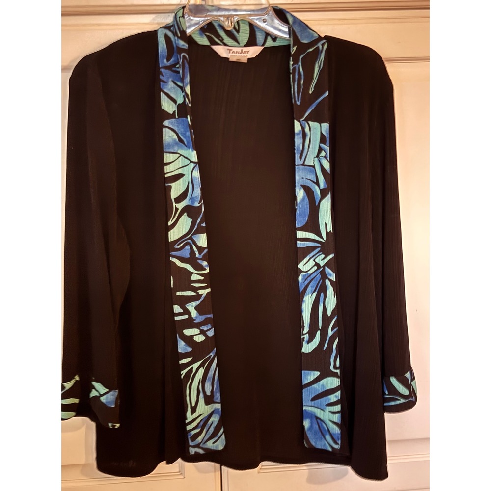TanJay Petites Black Ribbed Open Front Cardigan Blue Tropical Trim PM